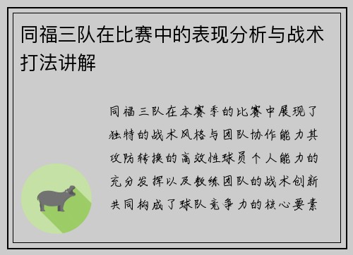 同福三队在比赛中的表现分析与战术打法讲解