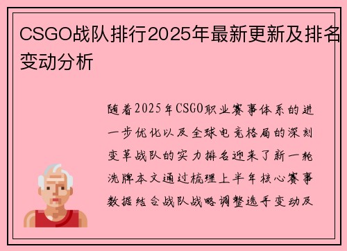 CSGO战队排行2025年最新更新及排名变动分析